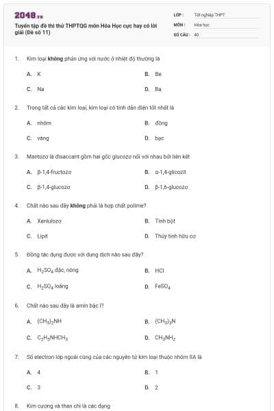 Tuyển tập đề thi thử THPTQG môn Hóa Học cực hay có lời giải (Đề số 11)
