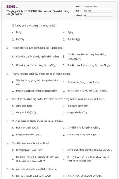 Tổng hợp đề thi thử THPTQG Hóa học mức độ cơ bản nâng cao (đề số 20)
