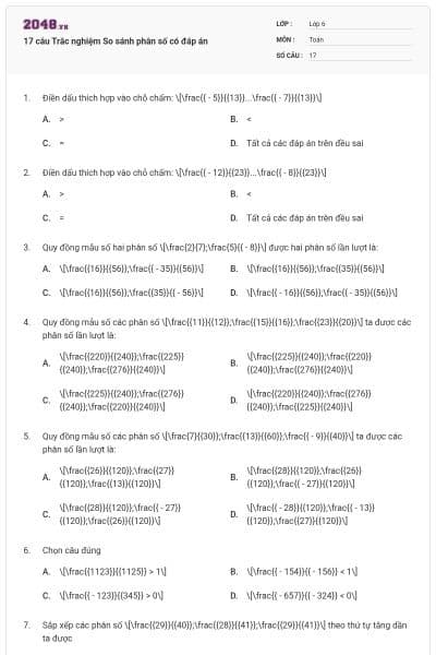 17 câu Trắc nghiệm So sánh phân số có đáp án