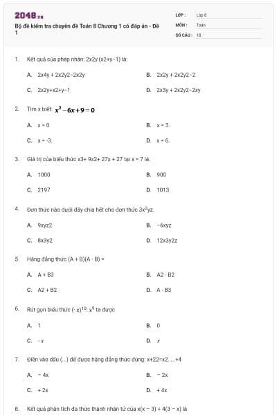 Bộ đề kiểm tra chuyên đề Toán 8 Chương 1 có đáp án - Đề 1