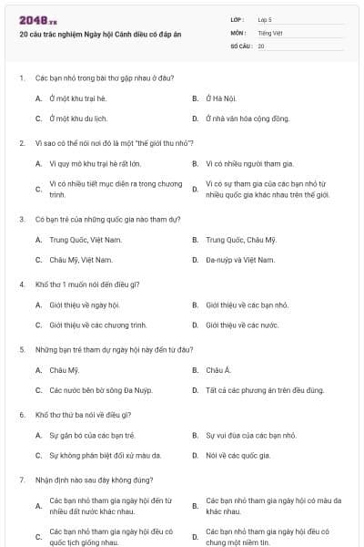 20 câu trắc nghiệm Ngày hội Cánh diều có đáp án