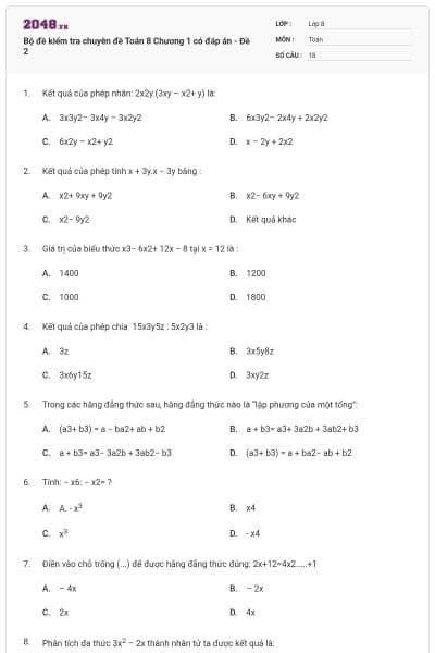 Bộ đề kiểm tra chuyên đề Toán 8 Chương 1 có đáp án - Đề 2