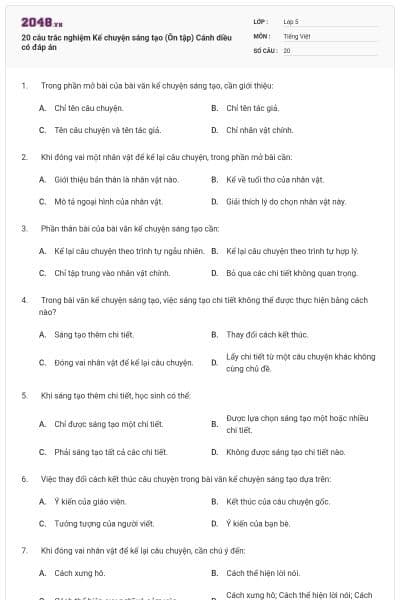 20 câu trắc nghiệm Kể chuyện sáng tạo (Ôn tập) Cánh diều có đáp án