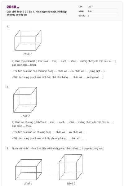 Giải VBT Toán 7 CD Bài 1. Hình hộp chữ nhật. Hình lập phương có đáp án