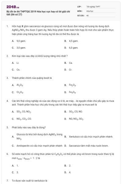 Bộ đề ôn thi THPTQG 2019 Hóa học cực hay có lời giải chi tiết (Đề số 27)