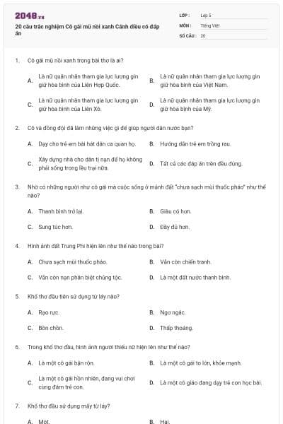 20 câu trắc nghiệm Cô gái mũ nồi xanh Cánh diều có đáp án