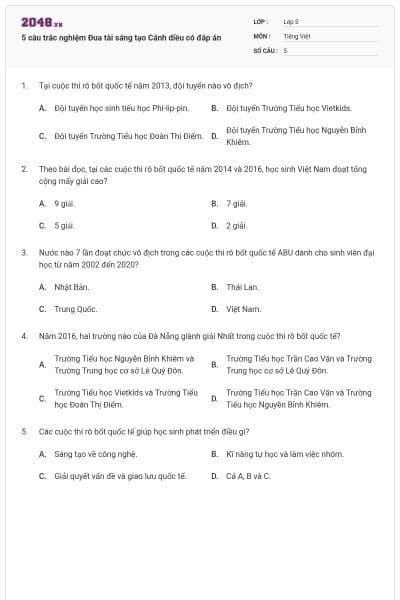 5 câu trắc nghiệm Đua tài sáng tạo Cánh diều có đáp án