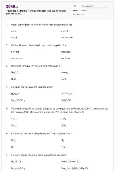 Tuyển tập đề thi thử THPTQG môn Hóa Học cực hay có lời giải (Đề số 14)