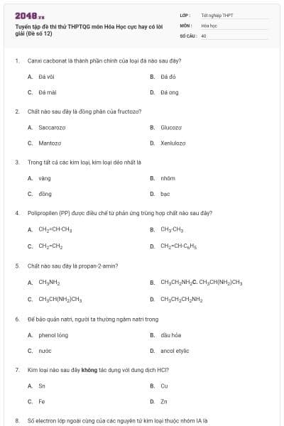 Tuyển tập đề thi thử THPTQG môn Hóa Học cực hay có lời giải (Đề số 12)