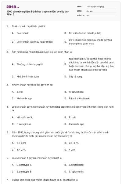 1000 câu trắc nghiệm Bệnh học truyền nhiễm có đáp án - Phần 5