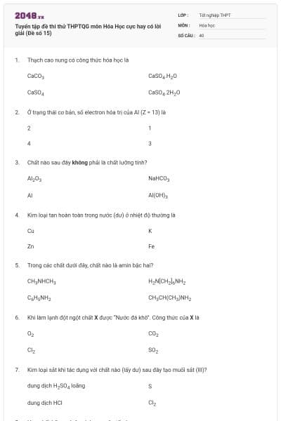 Tuyển tập đề thi thử THPTQG môn Hóa Học cực hay có lời giải (Đề số 15)