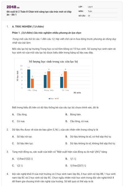 Đề cuối kì 2 Toán 8 Chân trời sáng tạo cấu trúc mới có đáp án - Đề 1