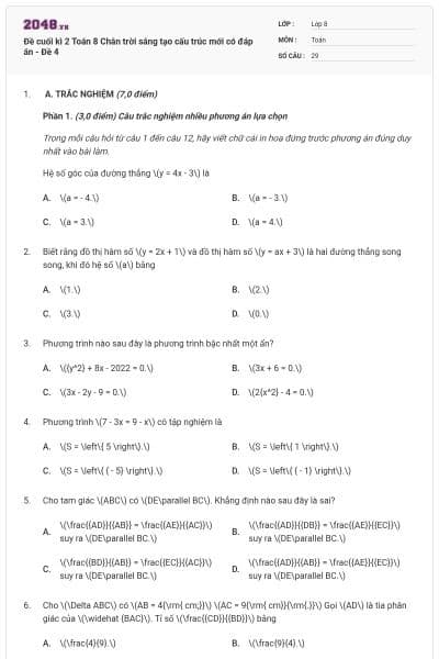 Đề cuối kì 2 Toán 8 Chân trời sáng tạo cấu trúc mới có đáp án - Đề 4