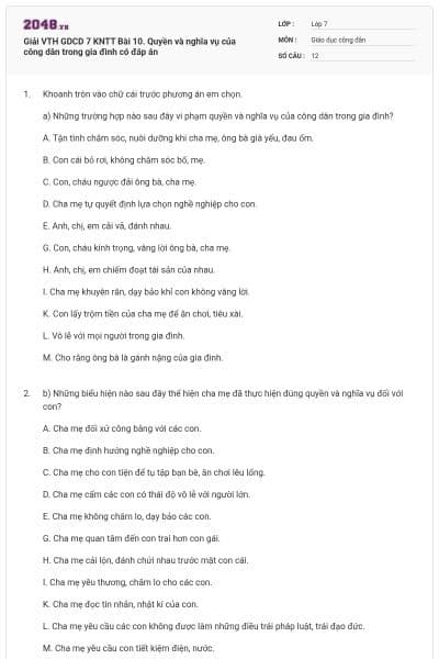 Giải VTH GDCD 7 KNTT Bài 10. Quyền và nghĩa vụ của công dân trong gia đình có đáp án