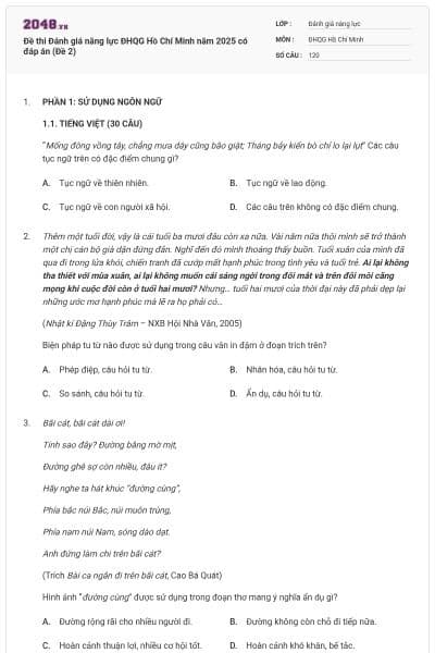 Đề thi Đánh giá năng lực ĐHQG Hồ Chí Minh năm 2025 có đáp án (Đề 2)
