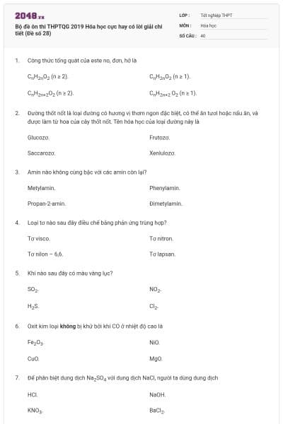 Bộ đề ôn thi THPTQG 2019 Hóa học cực hay có lời giải chi tiết (Đề số 28)