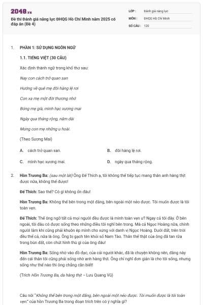 Đề thi Đánh giá năng lực ĐHQG Hồ Chí Minh năm 2025 có đáp án (Đề 4)