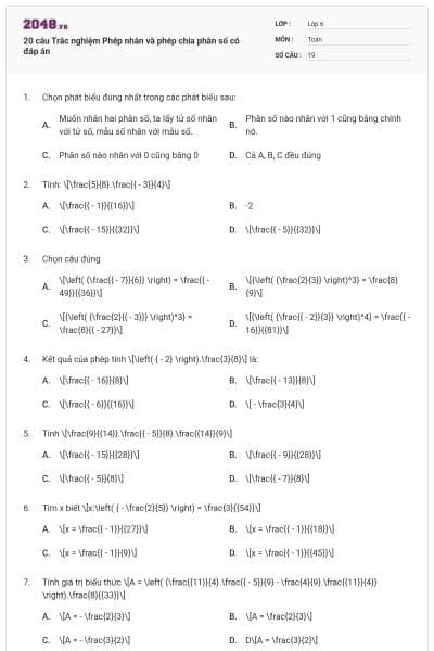 20 câu Trắc nghiệm Phép nhân và phép chia phân số có đáp án