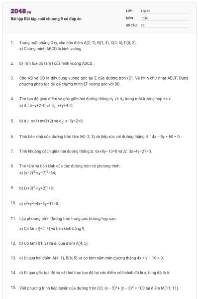 Bài tập Bài tập cuối chương 9 có đáp án