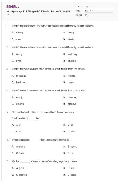 Đề thi giữa học kì 1 Tiếng Anh 7 Friends plus có đáp án (Đề 1)
