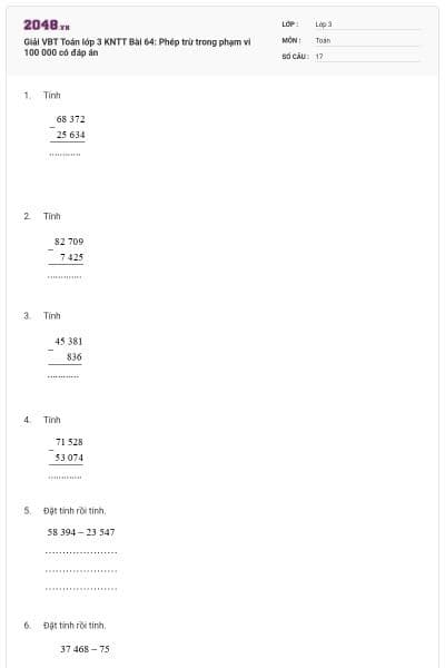 Giải VBT Toán lớp 3 KNTT Bài 64: Phép trừ trong phạm vi 100 000 có đáp án