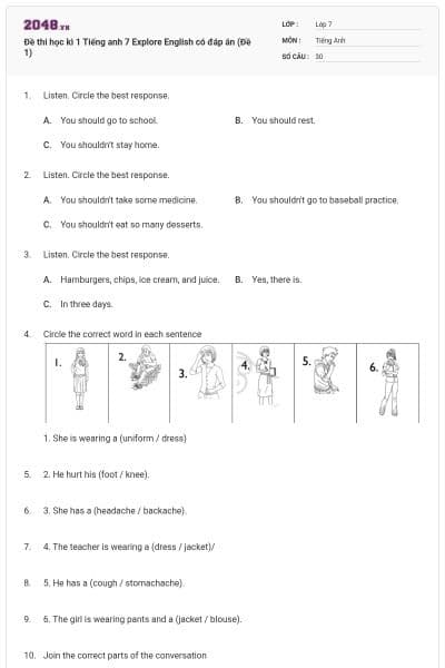 Đề thi học kì 1 Tiếng anh 7 Explore English có đáp án (Đề 1)