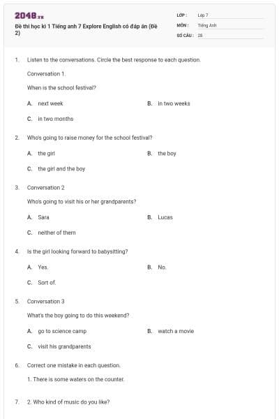 Đề thi học kì 1 Tiếng anh 7 Explore English có đáp án (Đề 2)