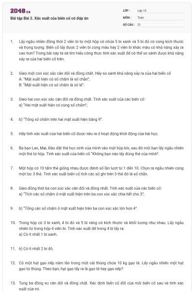 Bài tập Bài 2. Xác suất của biến cố có đáp án