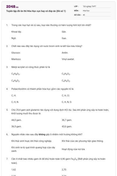 Tuyển tập đề ôn thi Hóa Học cực hay có đáp án (Đề số 1)