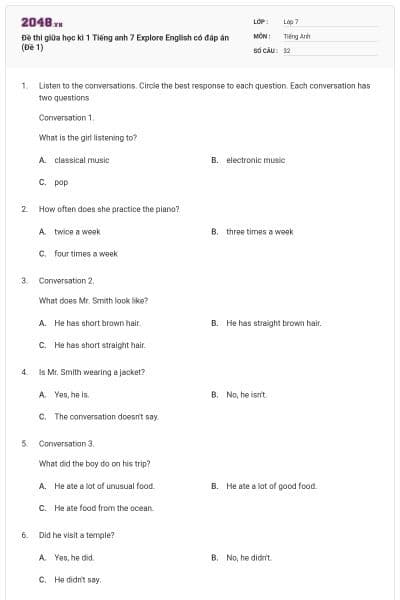 Đề thi giữa học kì 1 Tiếng anh 7 Explore English có đáp án (Đề 1)