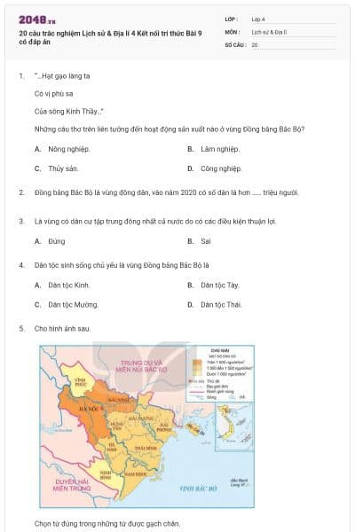 20 câu trắc nghiệm Lịch sử & Địa lí 4 Kết nối tri thức Bài 9 có đáp án