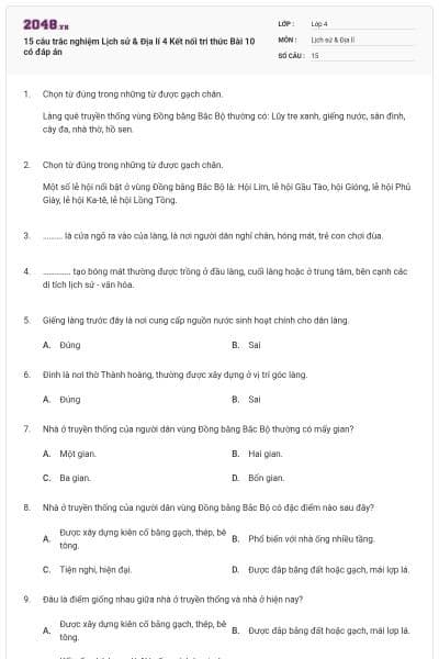 15 câu trắc nghiệm Lịch sử & Địa lí 4 Kết nối tri thức Bài 10 có đáp án