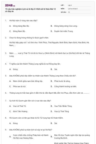 15 câu trắc nghiệm Lịch sử & Địa lí 4 Kết nối tri thức Bài 12 có đáp án