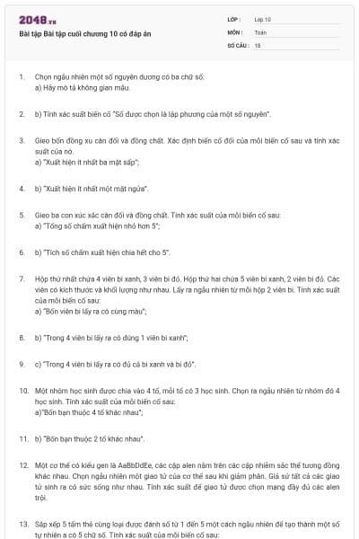 Bài tập Bài tập cuối chương 10 có đáp án