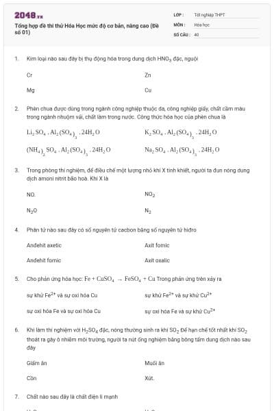 Tổng hợp đề thi thử Hóa Học mức độ cơ bản, nâng cao (Đề số 01)