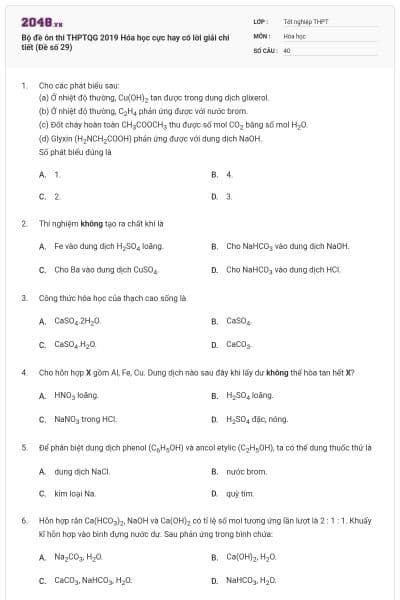 Bộ đề ôn thi THPTQG 2019 Hóa học cực hay có lời giải chi tiết (Đề số 29)