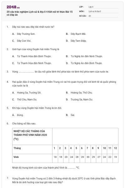 20 câu trắc nghiệm Lịch sử & Địa lí 4 Kết nối tri thức Bài 15 có đáp án