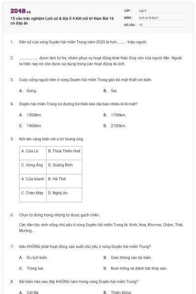 15 câu trắc nghiệm Lịch sử & Địa lí 4 Kết nối tri thức Bài 16 có đáp án
