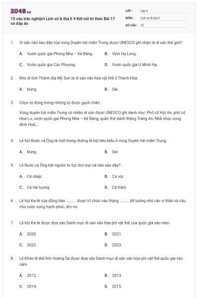 15 câu trắc nghiệm Lịch sử & Địa lí 4 Kết nối tri thức Bài 17 có đáp án