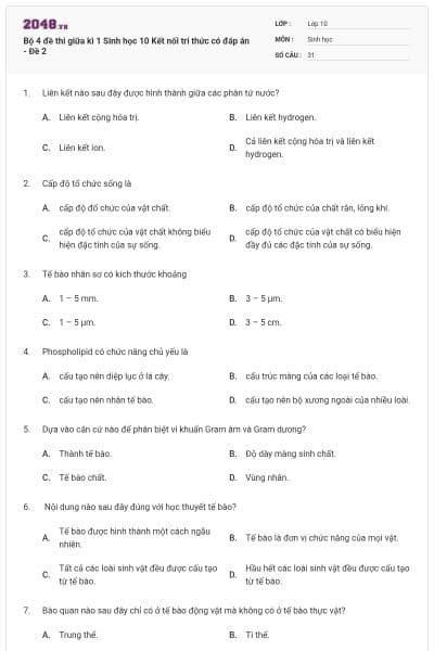 Bộ 4 đề thi giữa kì 1 Sinh học 10 Kết nối tri thức có đáp án - Đề 2