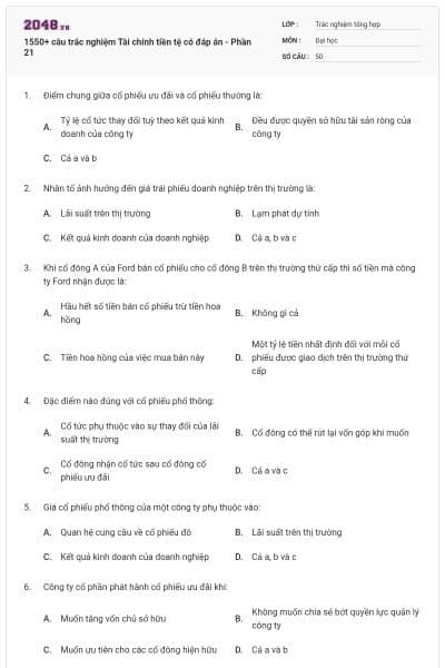 1550+ câu trắc nghiệm Tài chính tiền tệ có đáp án - Phần 21