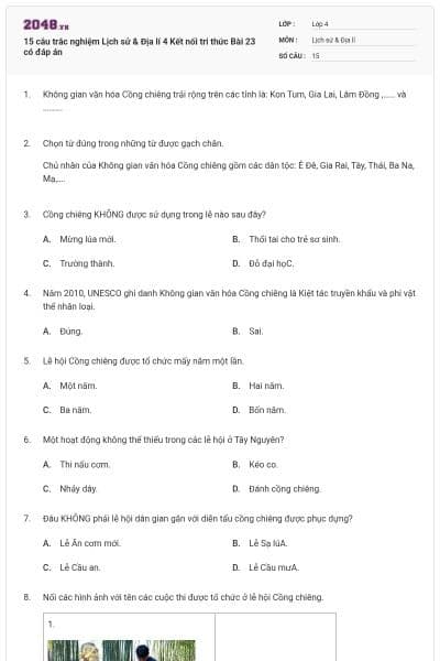 15 câu trắc nghiệm Lịch sử & Địa lí 4 Kết nối tri thức Bài 23 có đáp án