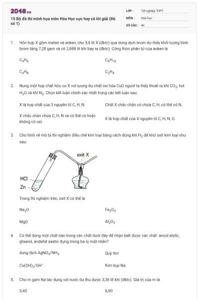 15 Bộ đề thi minh họa môn Hóa Học cực hay có lời giải (Đề số 1)