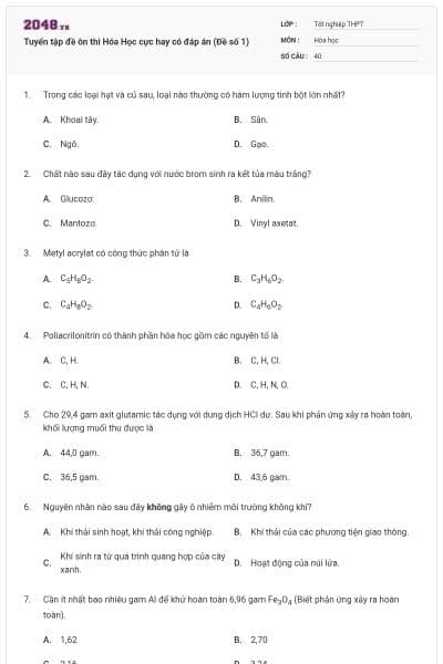 Tuyển tập đề ôn thi Hóa Học cực hay có đáp án (Đề số 1)