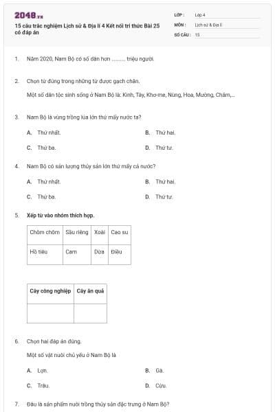 15 câu trắc nghiệm Lịch sử & Địa lí 4 Kết nối tri thức Bài 25 có đáp án