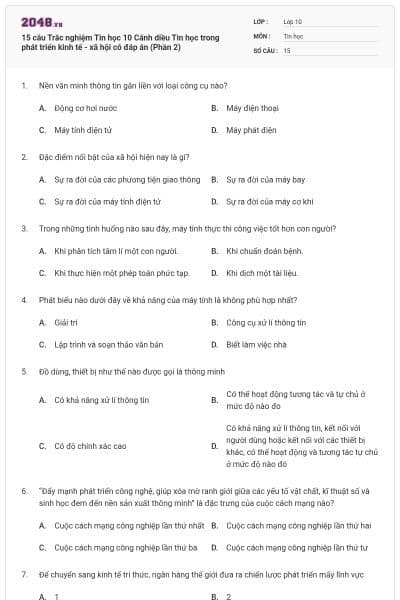 15 câu Trắc nghiệm Tin học 10 Cánh diều Tin học trong phát triển kinh tế - xã hội có đáp án (Phần 2)
