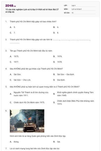 15 câu trắc nghiệm Lịch sử & Địa lí 4 Kết nối tri thức Bài 27 có đáp án