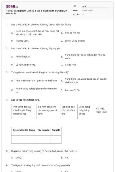 15 câu trắc nghiệm Lịch sử & Địa lí 4 Kết nối tri thức Bài 29 có đáp án