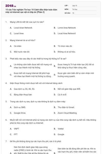 15 câu Trắc nghiệm Tin học 10 Cánh diều Điện toán đám mây và Internet vạn vật có đáp án (Phần 2)