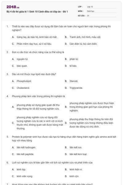 Bộ 4 đề thi giữa kì 1 Sinh 10 Cánh diều có đáp án - Đề 1